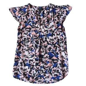 J. Crew Floral Print Top Flutter Cap Sleeve Blouse Blue Pink